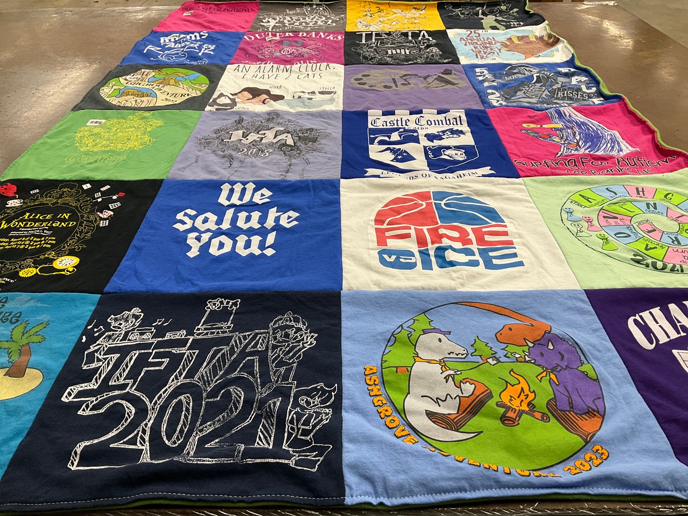 T-shirt quilt with autism, adventure themes by Lisa from VA