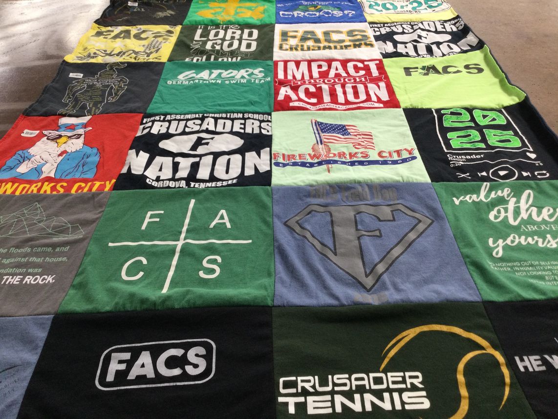 T-shirt quilt from first assembly christian school by Scherry from TN