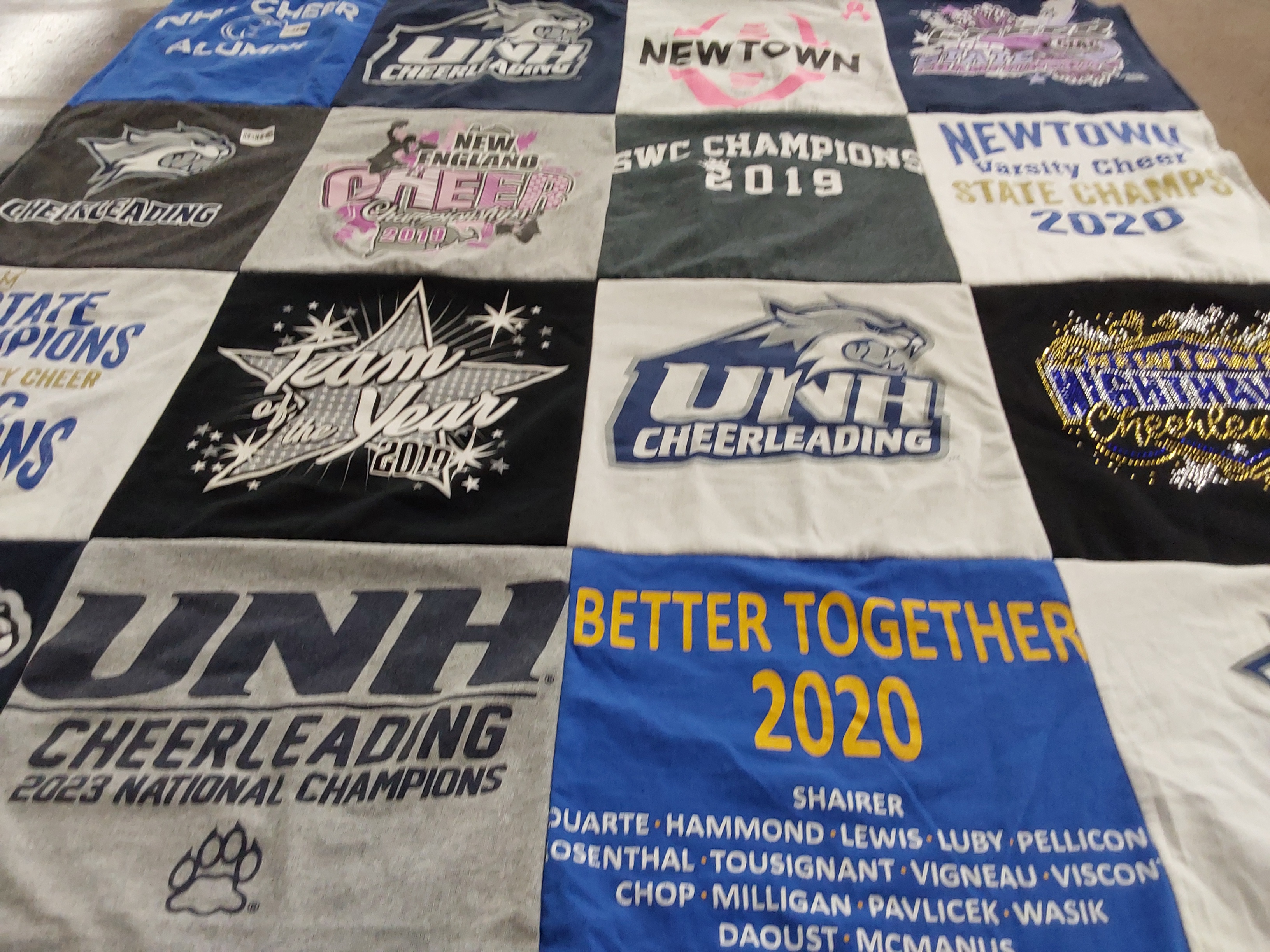 T-shirt quilt featuring university of new hampshire cheerleading by Heather from CT