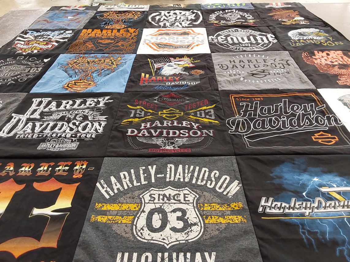 T-shirt quilt with motorcycles, biking themes by Erin from PA