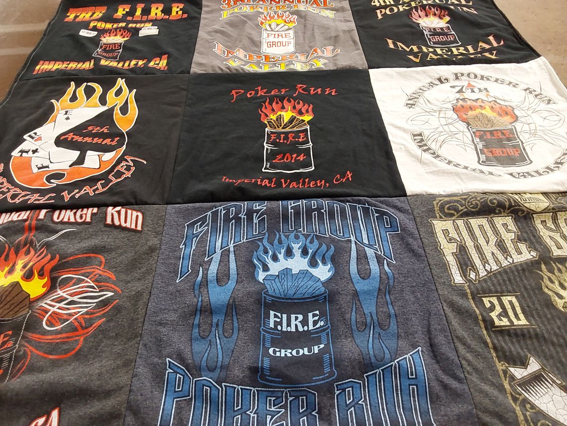 T-shirt quilt with poker, fire safety themes by Eduardo from CA