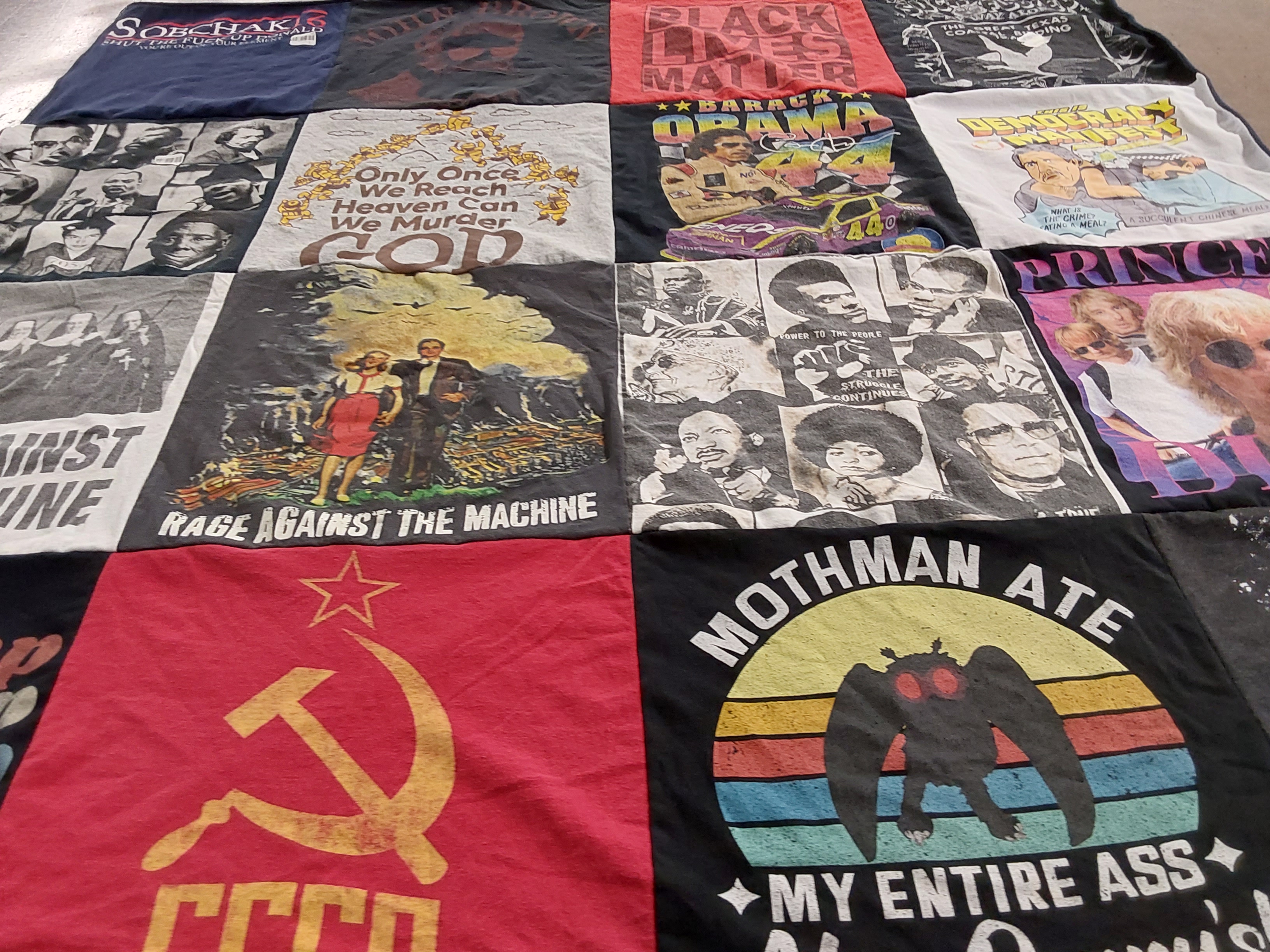 T-shirt quilt with music, politics themes by Adam from LA