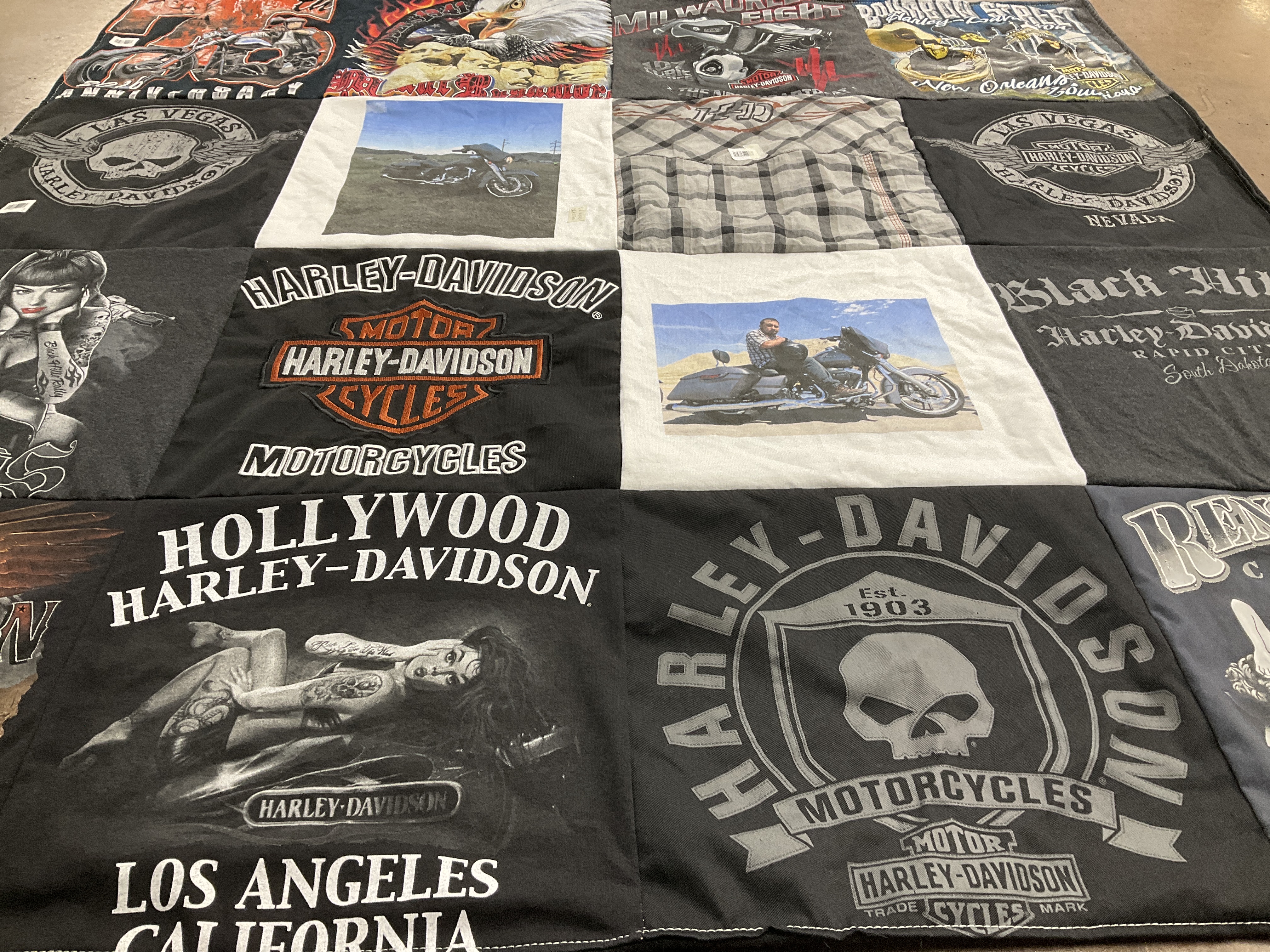 T-shirt quilt with motorcycles, biking themes by Maribel from TX