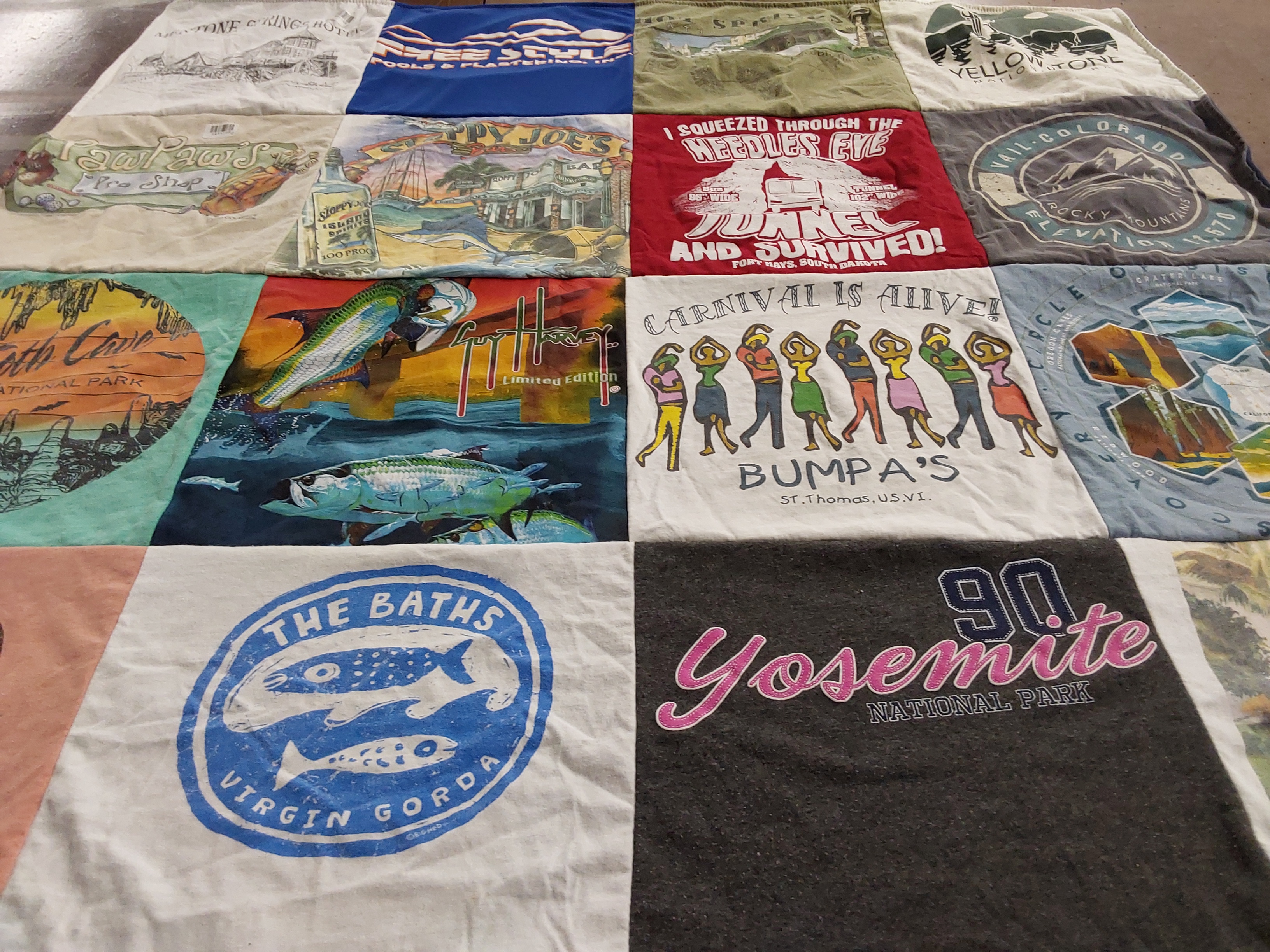 T-shirt quilt with travel, outdoor activities themes by Phyllis from FL