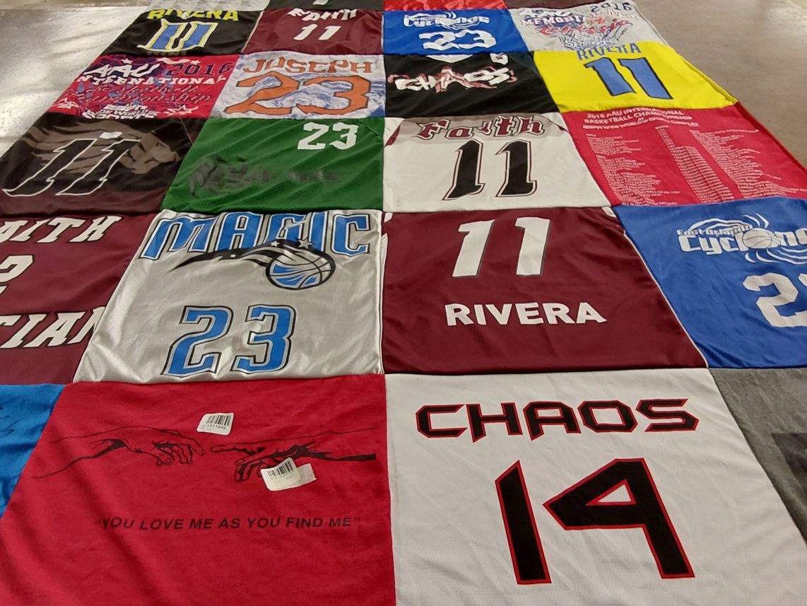 T-shirt quilt with basketball, sports themes by Jessica from FL