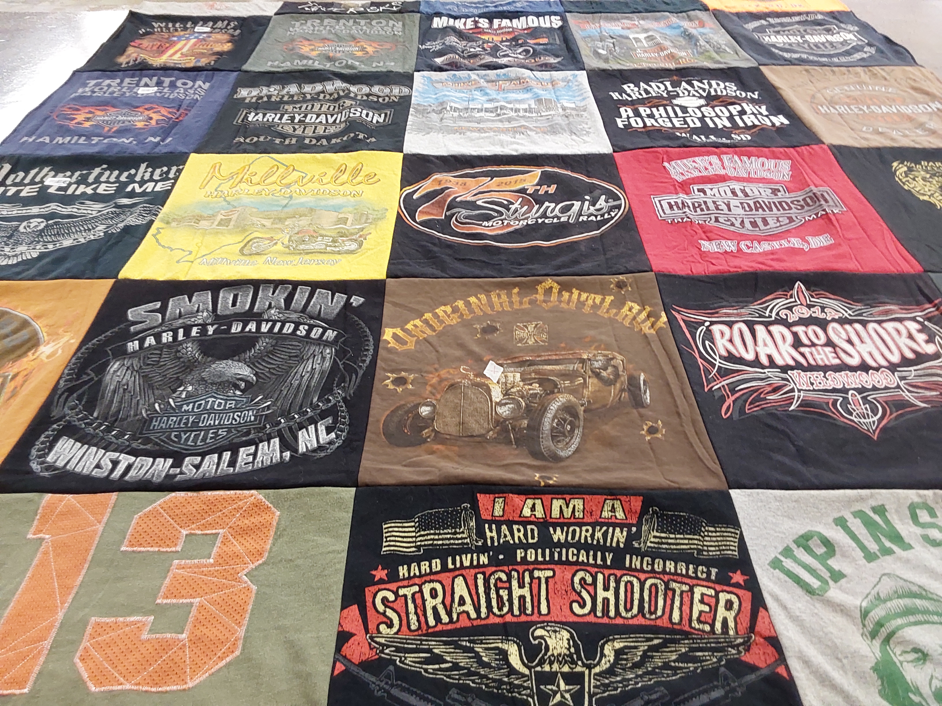 T-shirt quilt with motorcycles, biking themes by Laurie from NJ