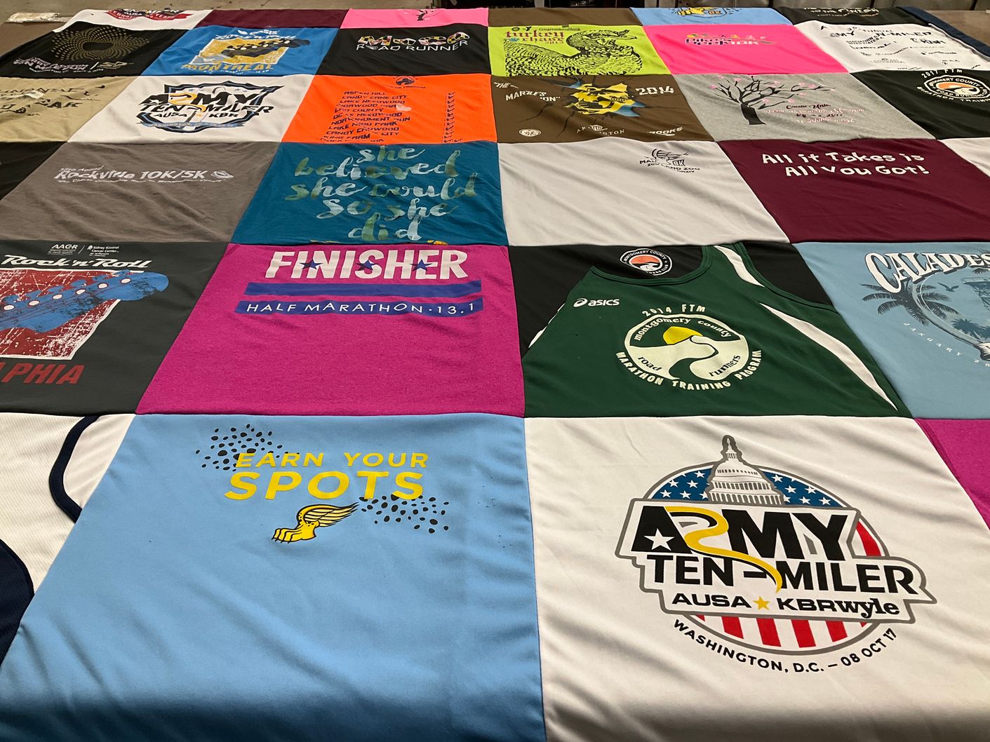 T-shirt quilt with running, fitness themes by Amie from MD