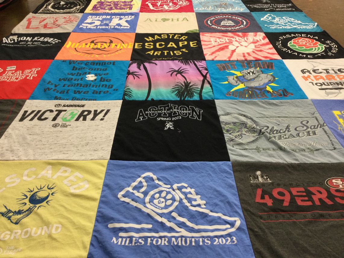 T-shirt quilt with sports, martial arts themes by Makena from PA