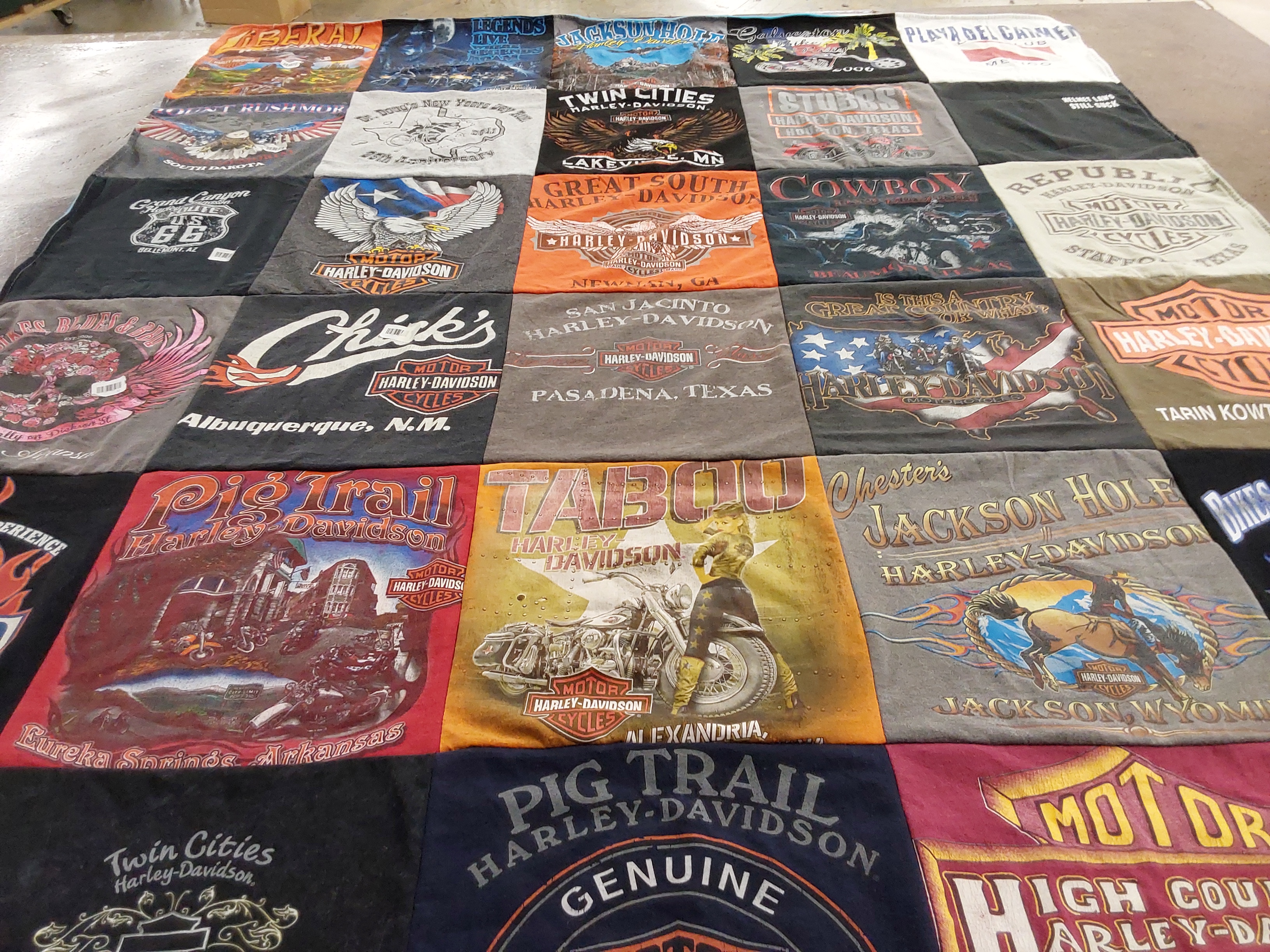 T-shirt quilt with motorcycles, biking themes by Lawrence from TX