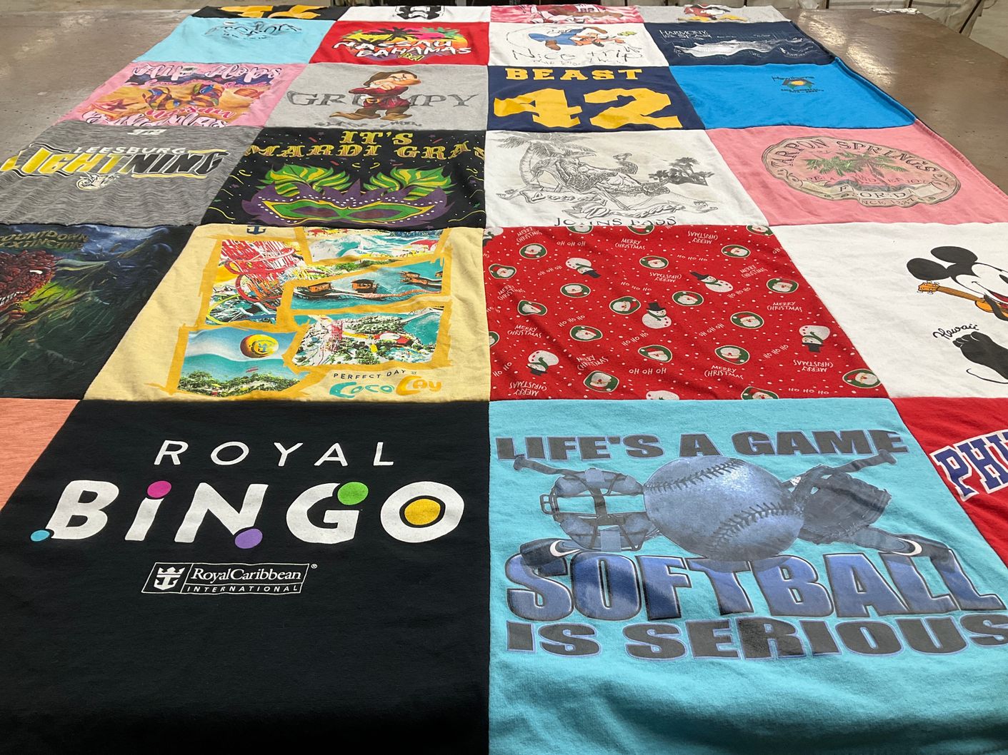 T-shirt quilt with softball, bingo themes by Diane from FL