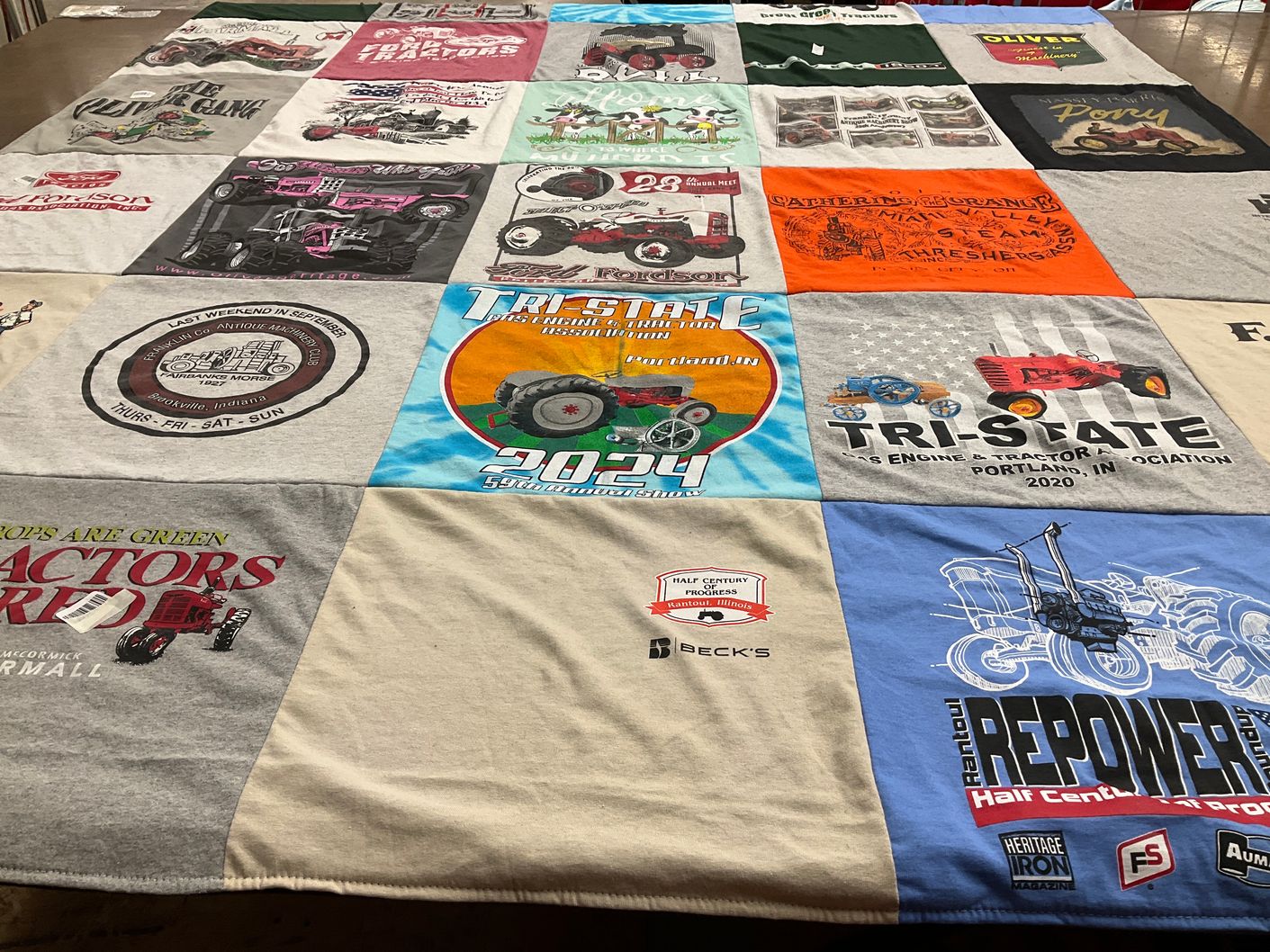 T-shirt quilt with tractors, antique machinery themes by Jasmine from IN