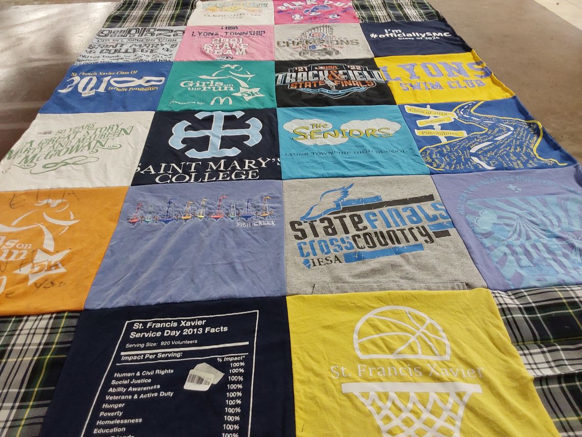T-shirt quilt featuring lyons swim club, lyons township cross country team by Nora from IL
