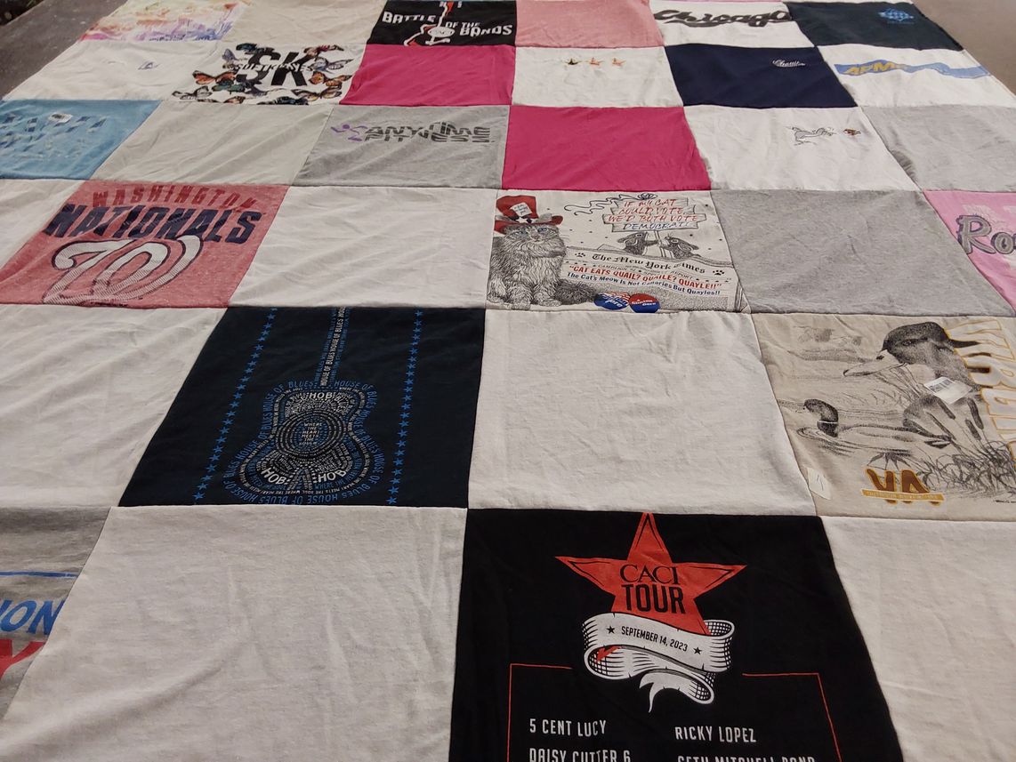 T-shirt quilt with music, sports themes by Elizabeth from VA