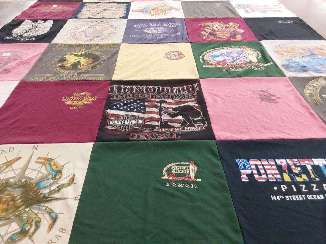 T-shirt quilt with motorcycles, food themes by Deb from MD