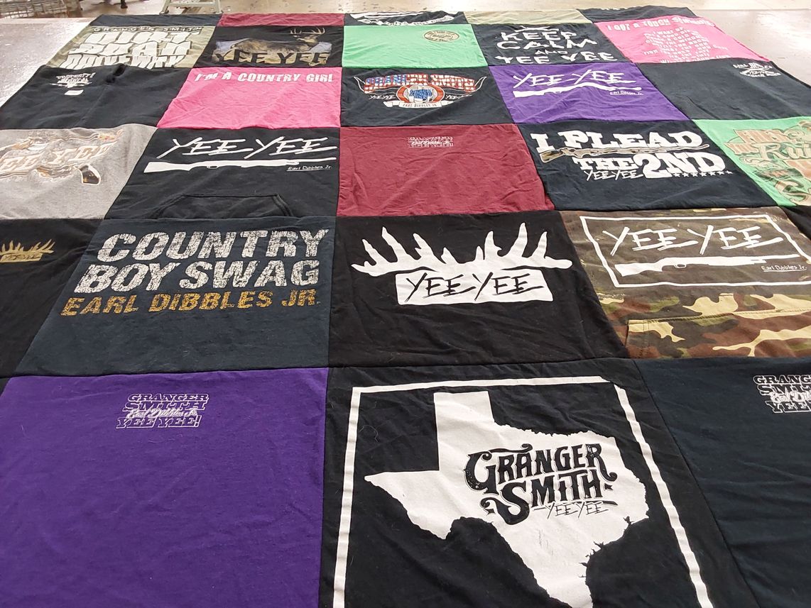 T-shirt quilt with country music, fishing themes by Holly from TX