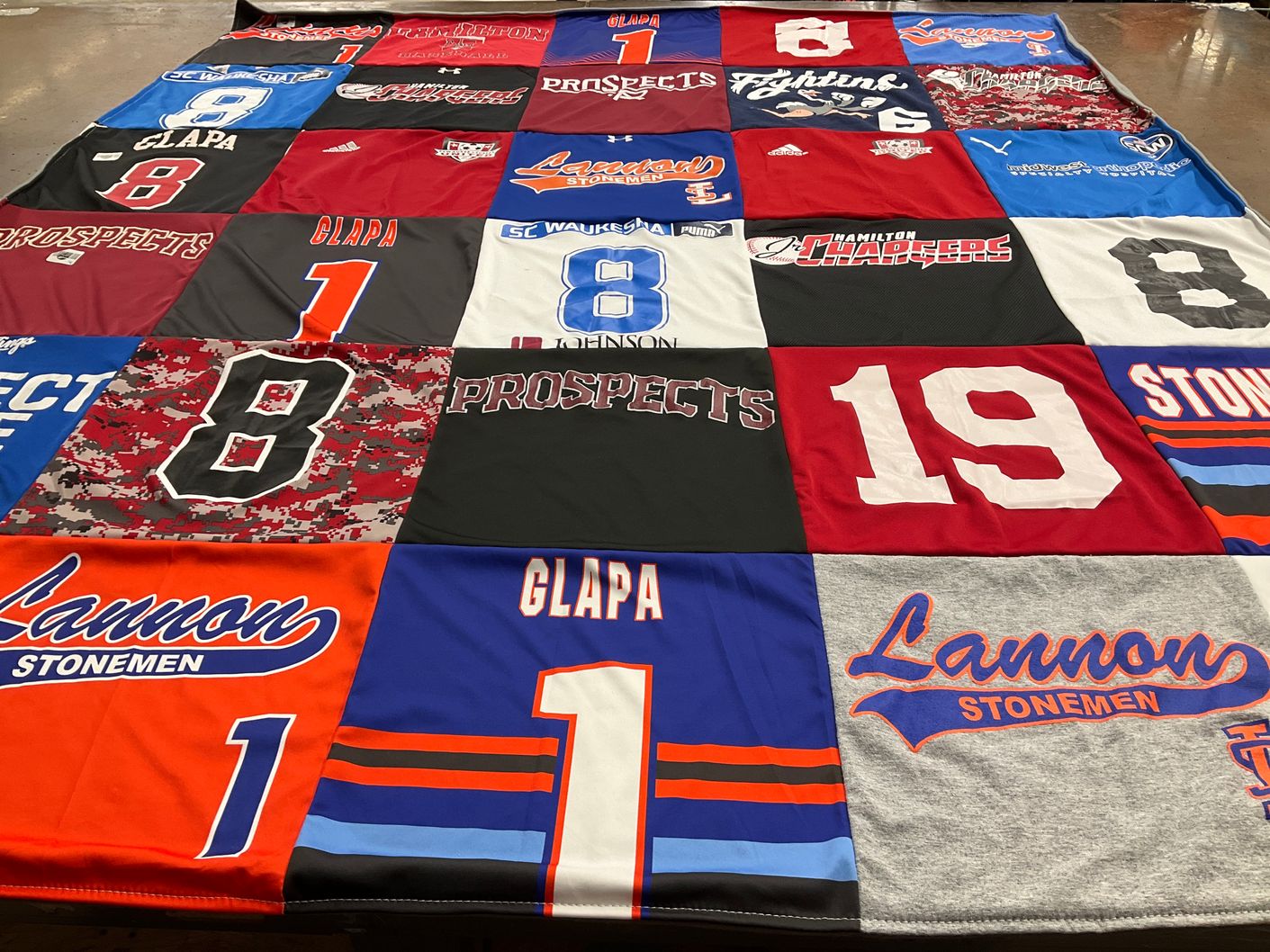 T-shirt quilt featuring hamilton chargers, lannon stonemen by SARA from WI