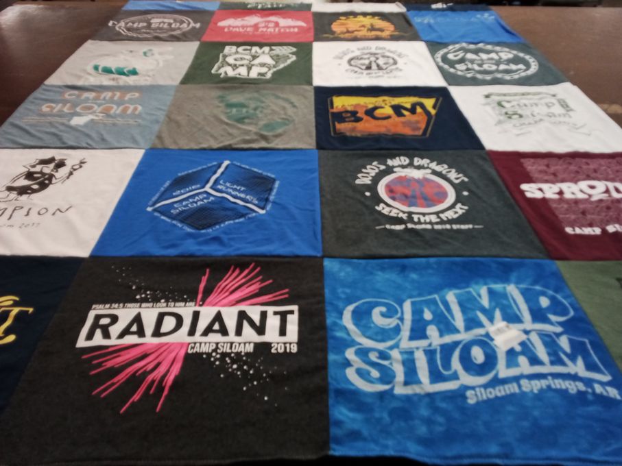 T-shirt quilt with camping, outdoor activities themes by Summer from AR