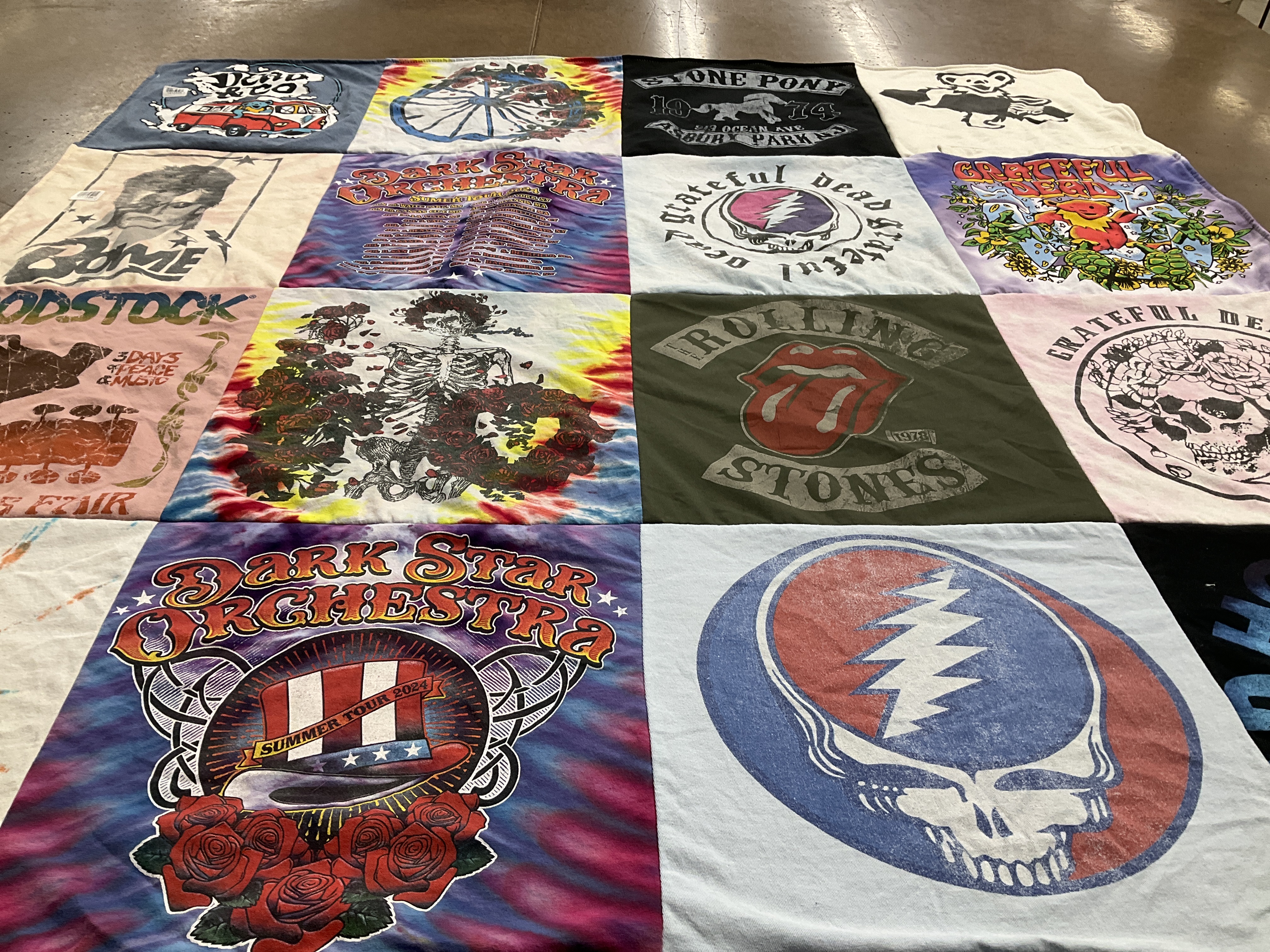 T-shirt quilt with music, concerts themes by Jane from NJ