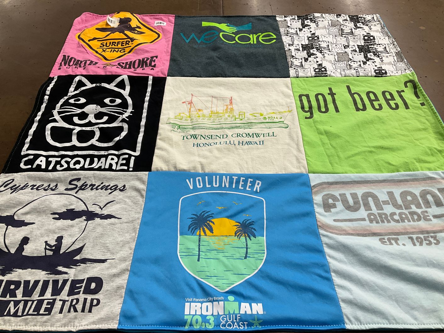 T-shirt quilt with surfing, cats themes by Lynne from FL