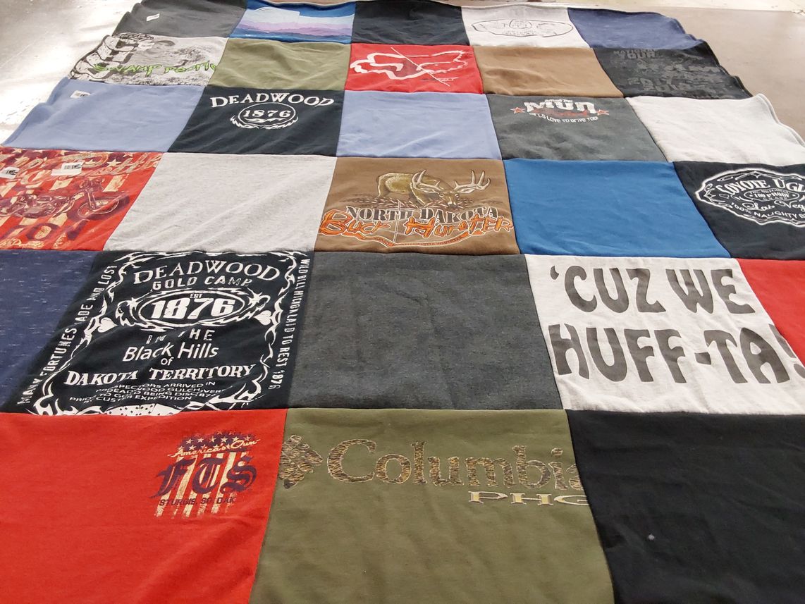 T-shirt quilt with hunting, history themes by Kristey from ND