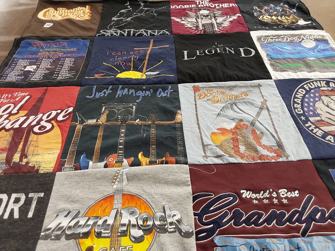 T-shirt quilt with music, guitar themes by Theresa from NJ
