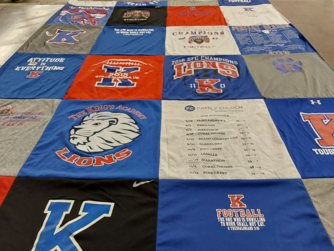 T-shirt quilt featuring the king's academy lions by Nancy from OK