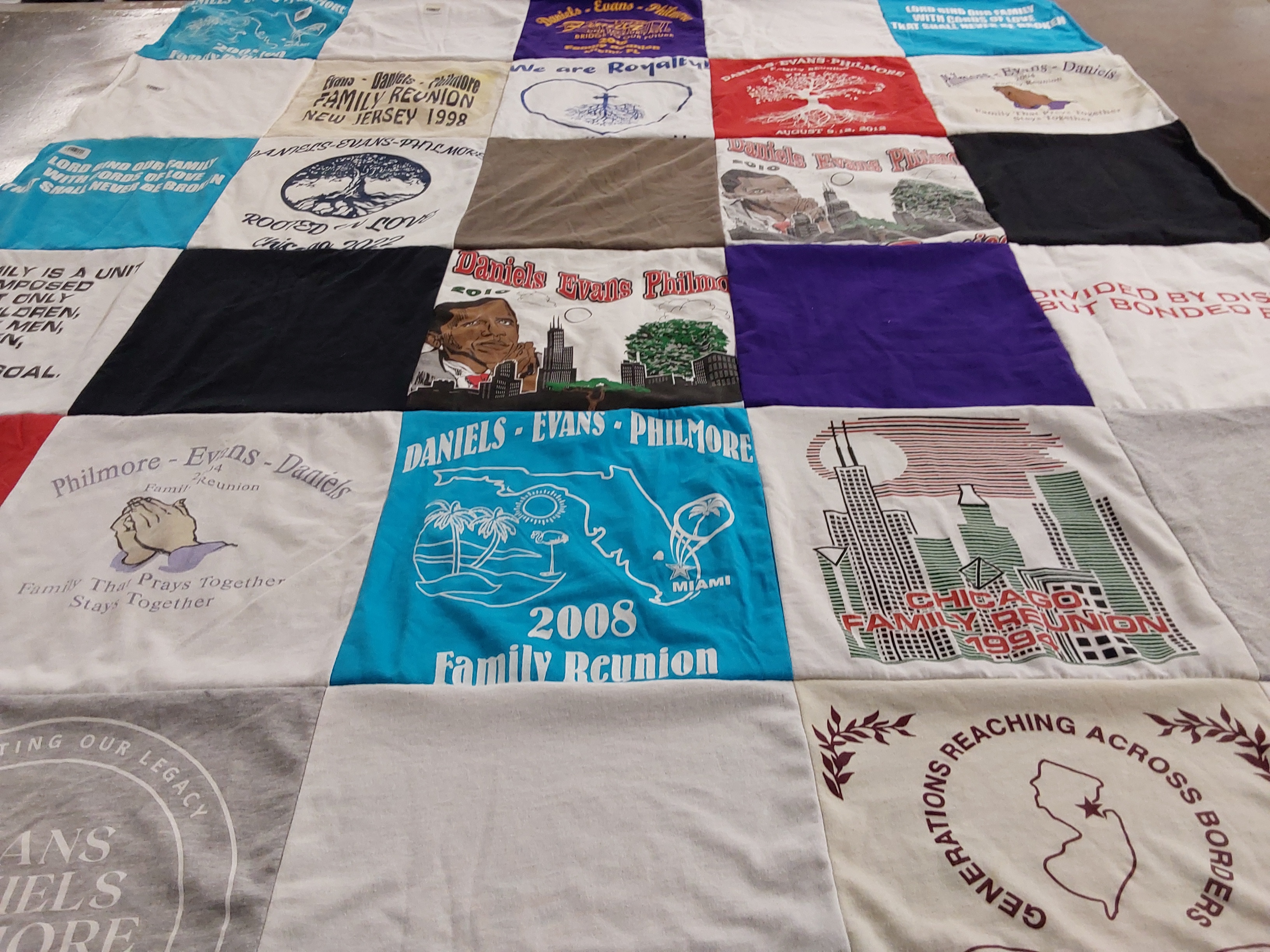 T-shirt quilt with family gatherings, reunions themes by Kim from NJ