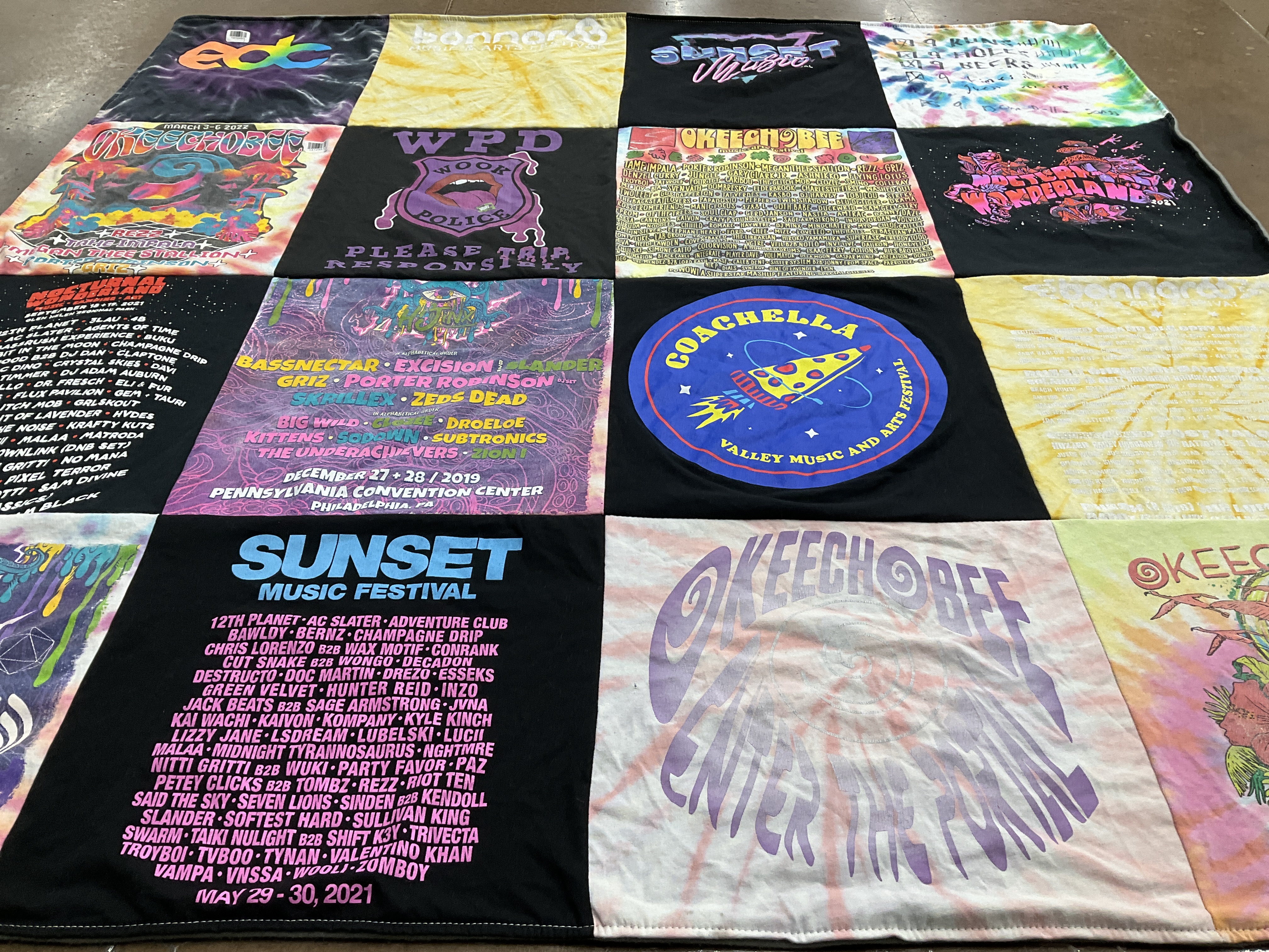 T-shirt quilt with music festivals, electronic dance music themes by Jennifer from CO