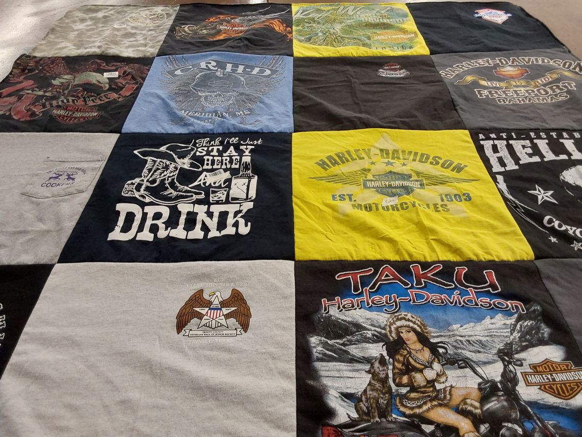 T-shirt quilt with motorcycles, biking themes by Heather from TX