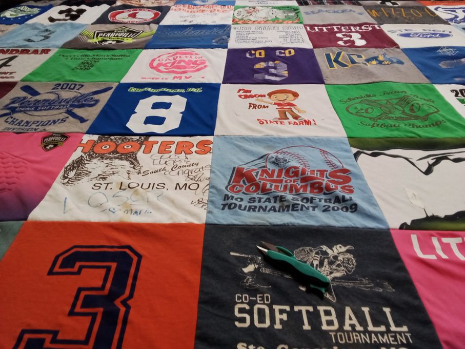 T-shirt quilt with softball, sports themes by CINDY from MO