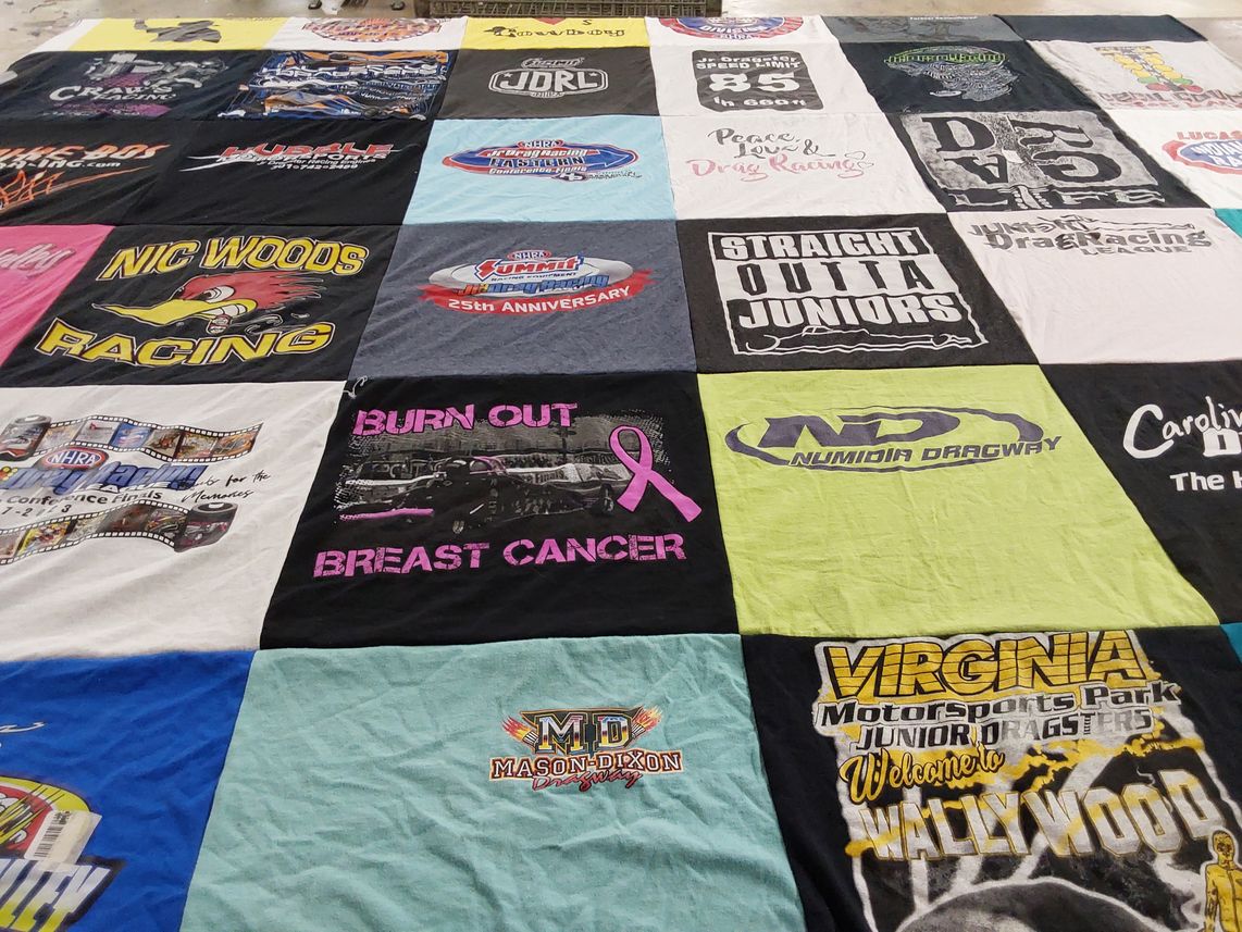 T-shirt quilt with drag racing, motorsports themes by Kim from VA