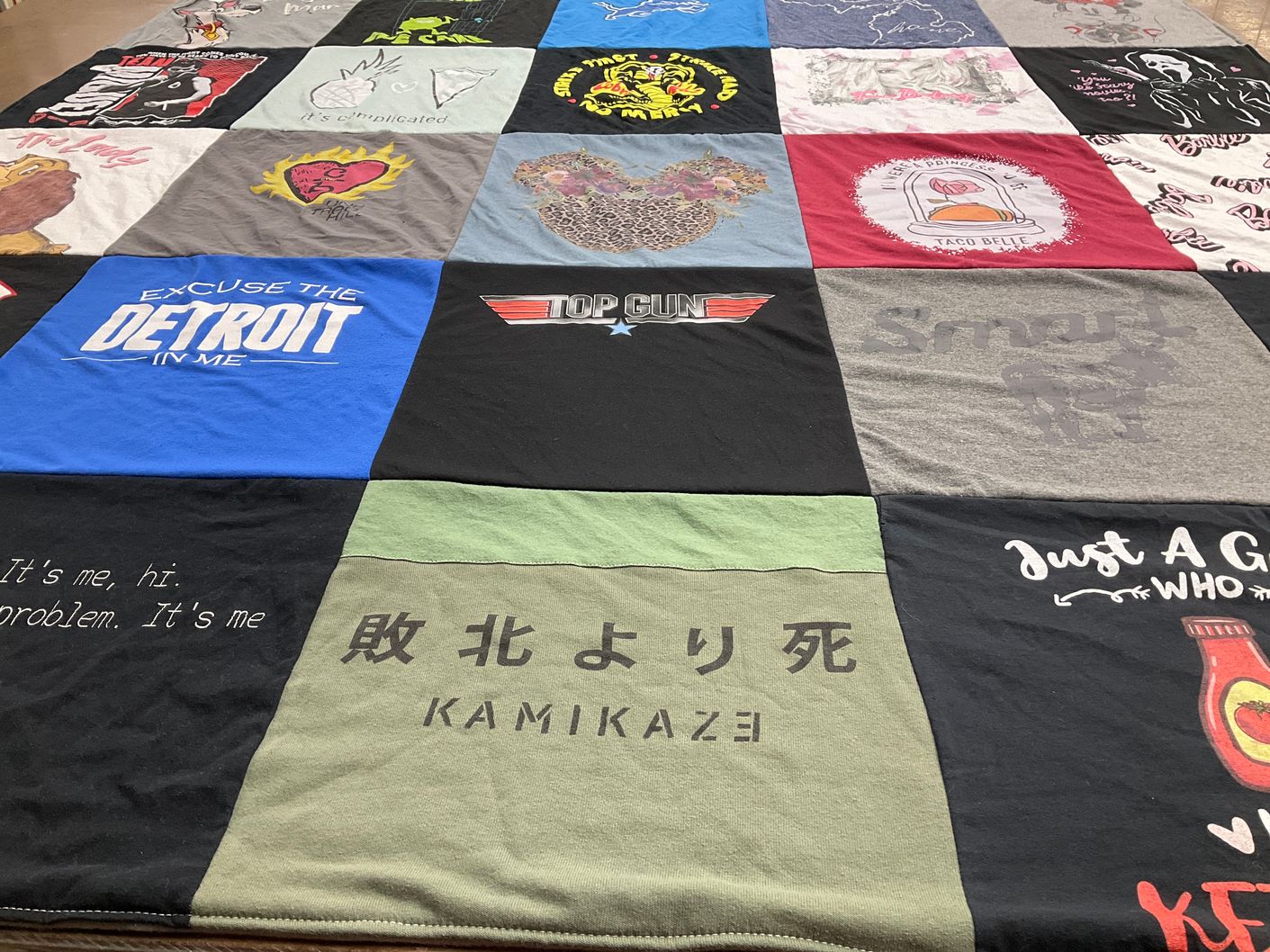 T-shirt quilt with movies, tacos themes by stephanie from TN