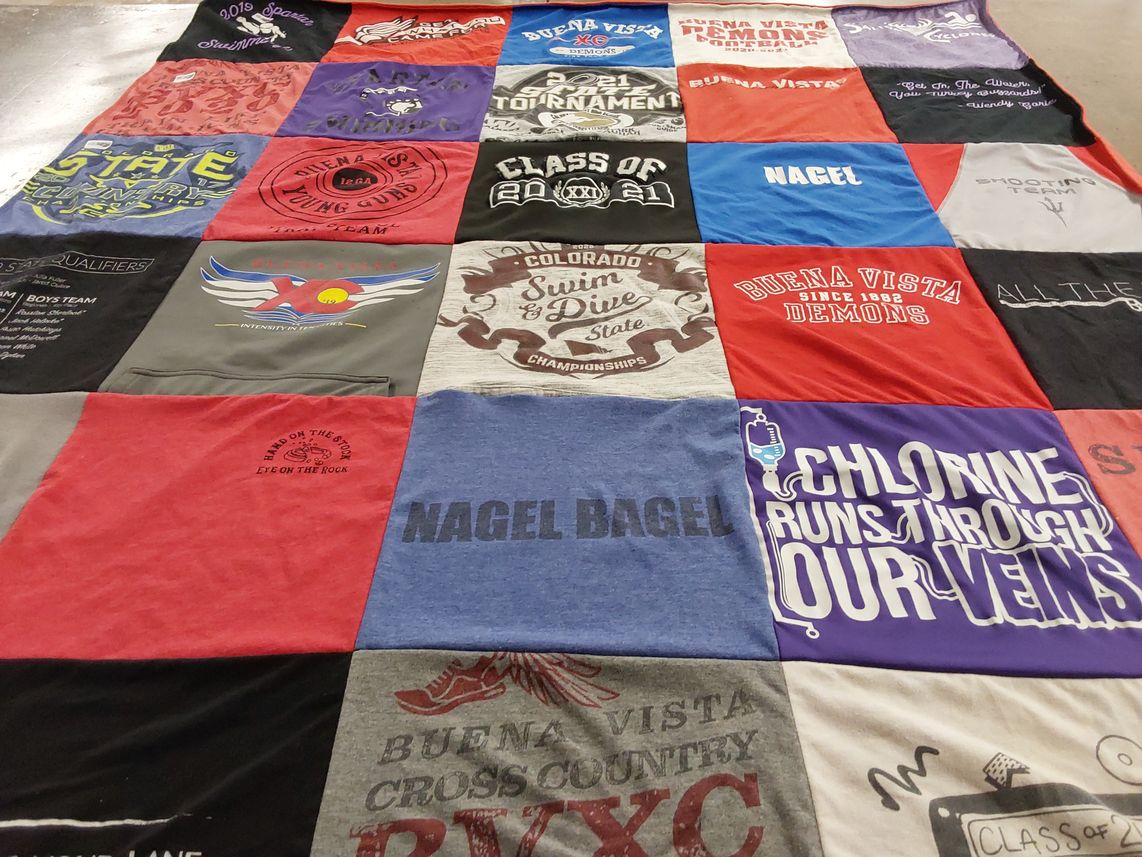 T-shirt quilt featuring buena vista cross country team, buena vista swim team by Abby from CO