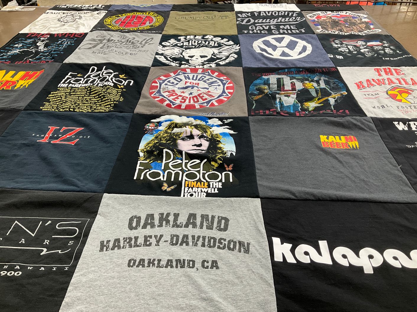 T-shirt quilt with music, motorcycles themes by Daniel from CA