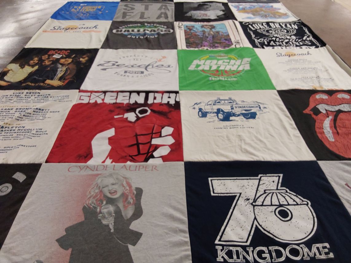 T-shirt quilt with music, concerts themes by Kathy from CA