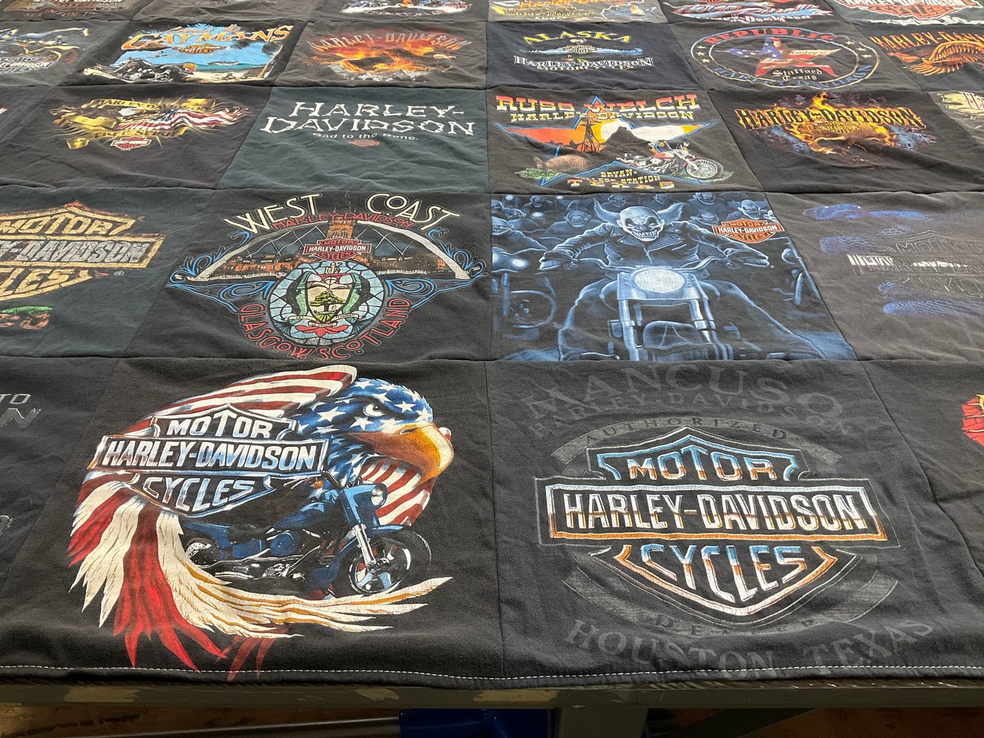 T-shirt quilt with motorcycles, biking themes by Dan from TX