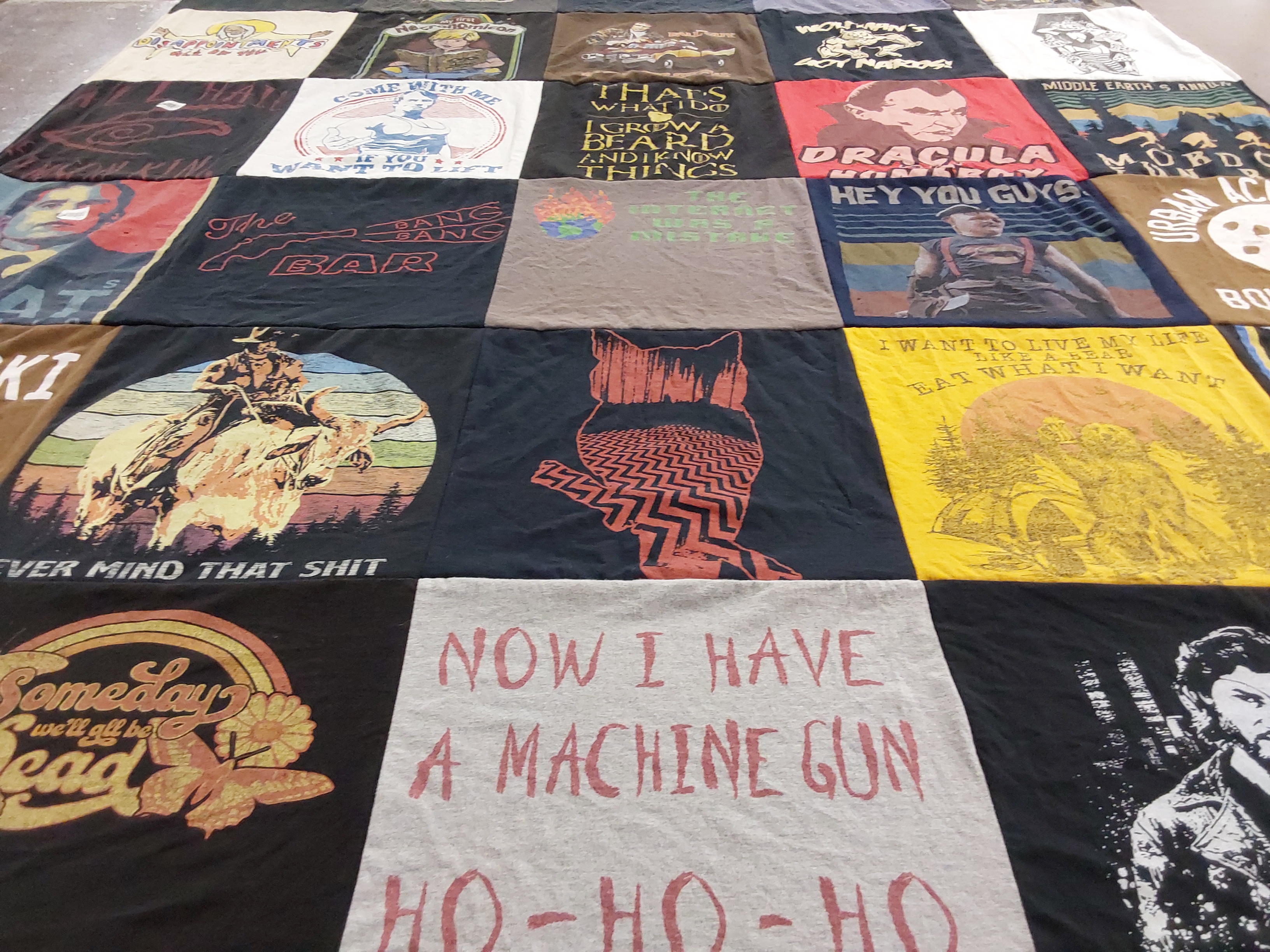 T-shirt quilt with movies, pop culture themes by Ross from OK