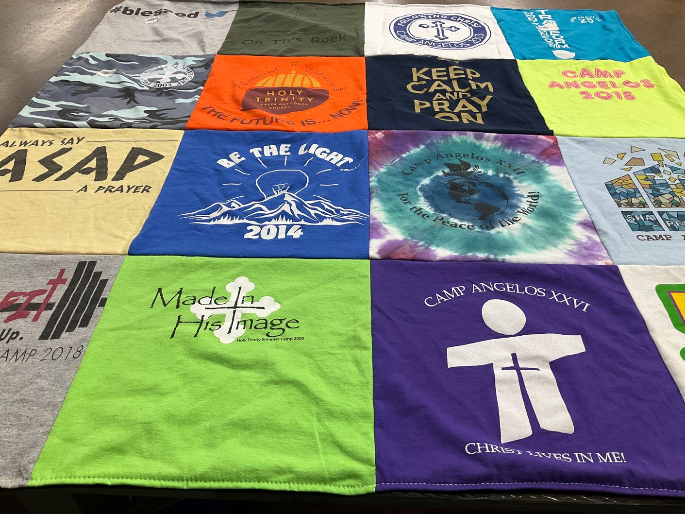 T-shirt quilt with summer camp, religion themes by Eleni from OR