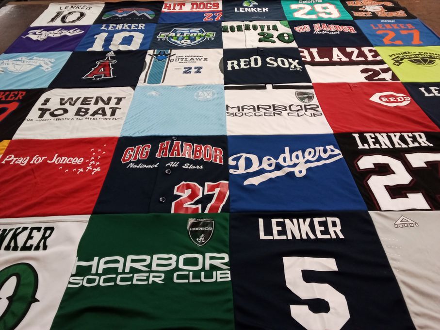 T-shirt quilt with soccer, baseball themes by Mom from WA