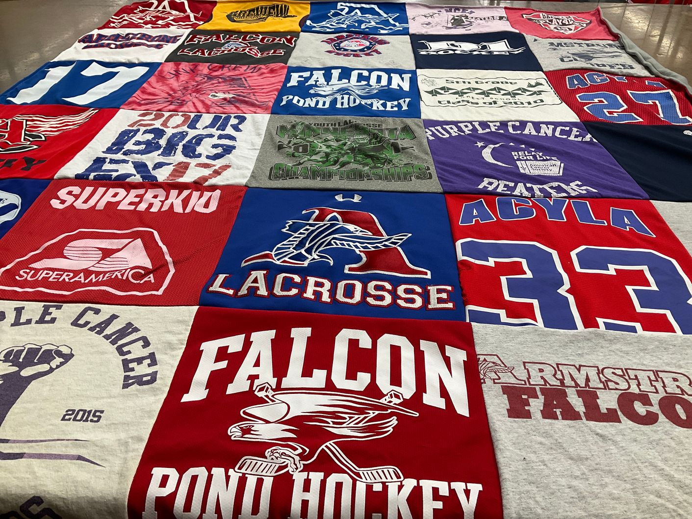 T-shirt quilt featuring falcon lacrosse by Julia from MN