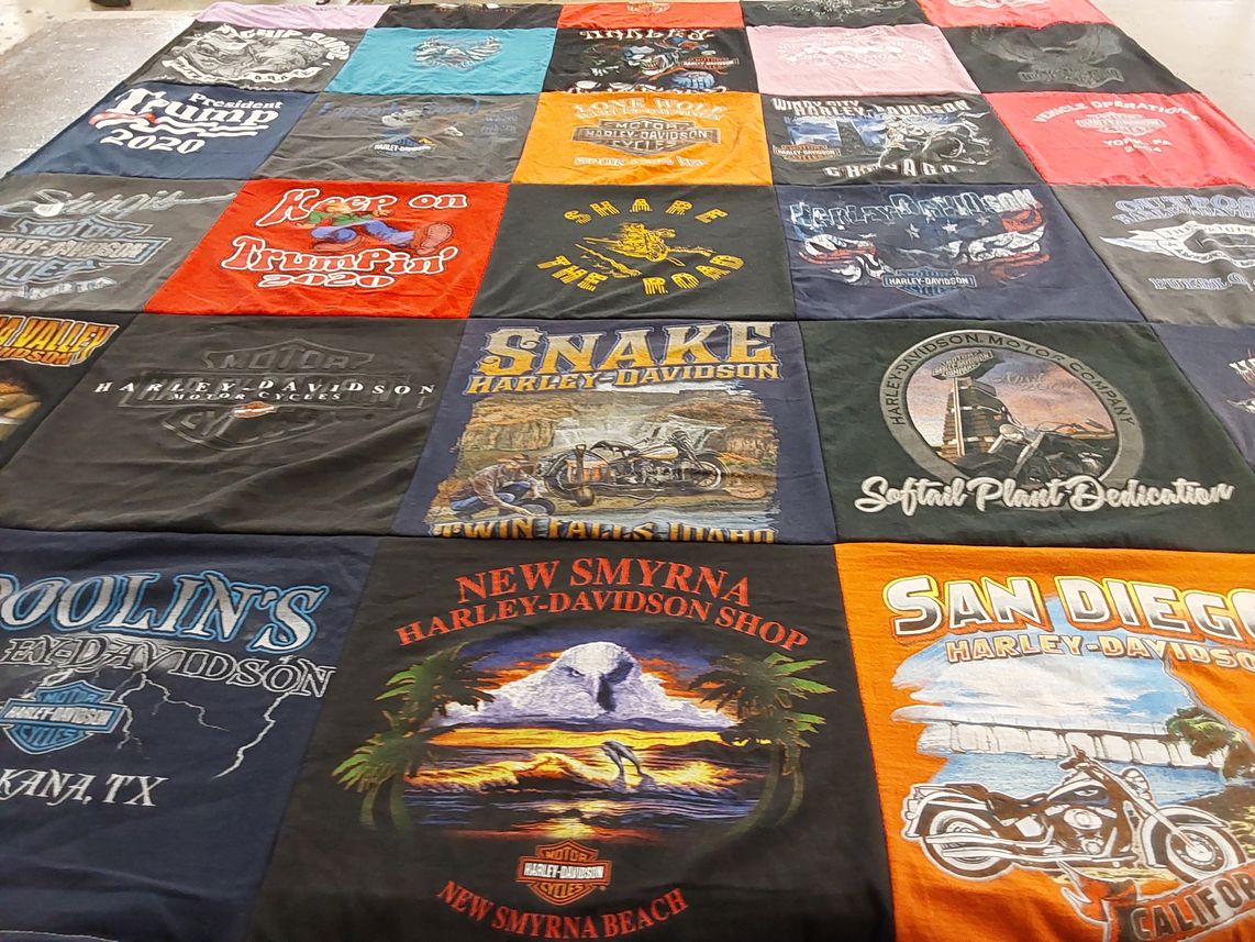 T-shirt quilt with motorcycles, politics themes by Robert from AZ