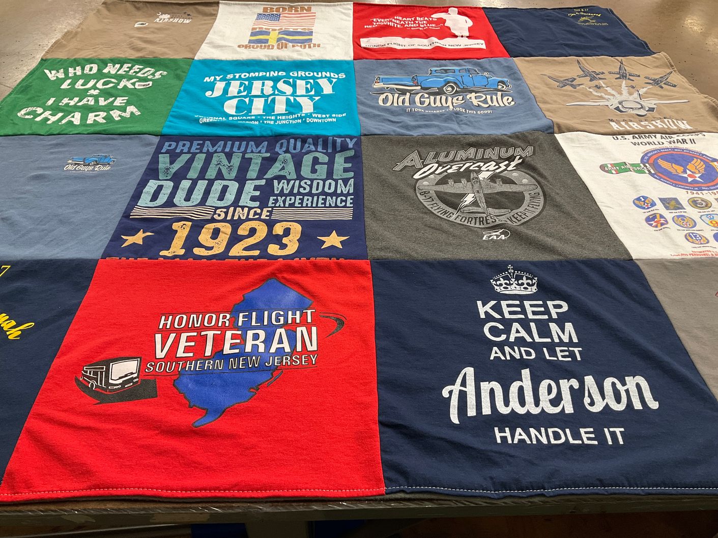 T-shirt quilt with vintage cars, airplanes themes by Susan from SC