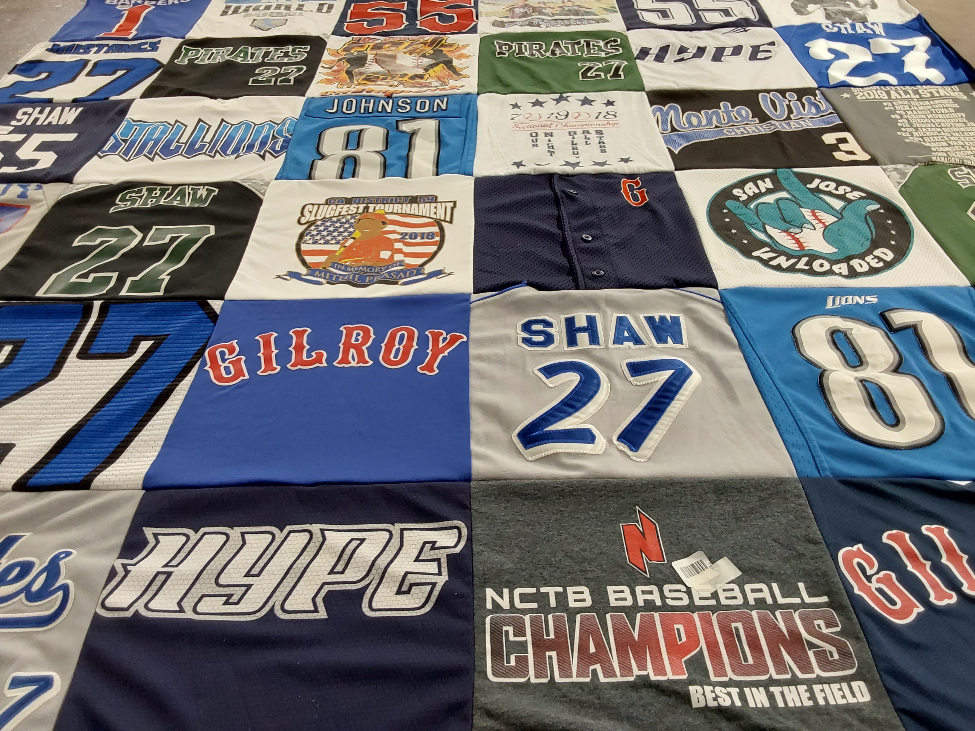 T-shirt quilt featuring san jose sharks, gilroy high school baseball team by Danielle from CA