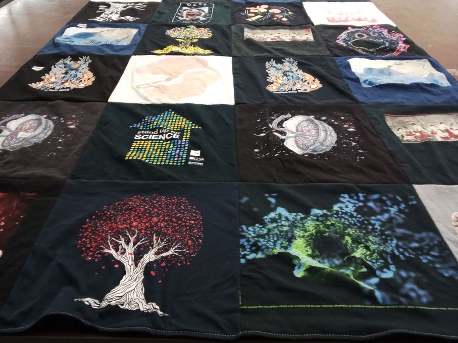 T-shirt quilt with science, art themes by Susan from CA