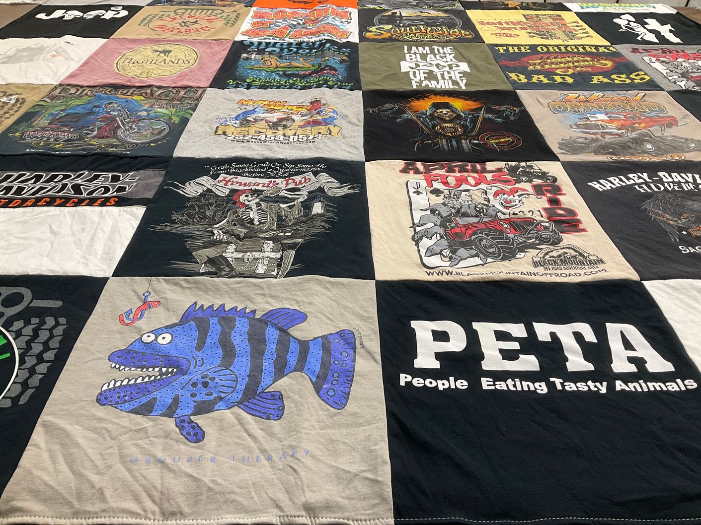 T-shirt quilt with motorcycling, craft beer themes by Sara from VA