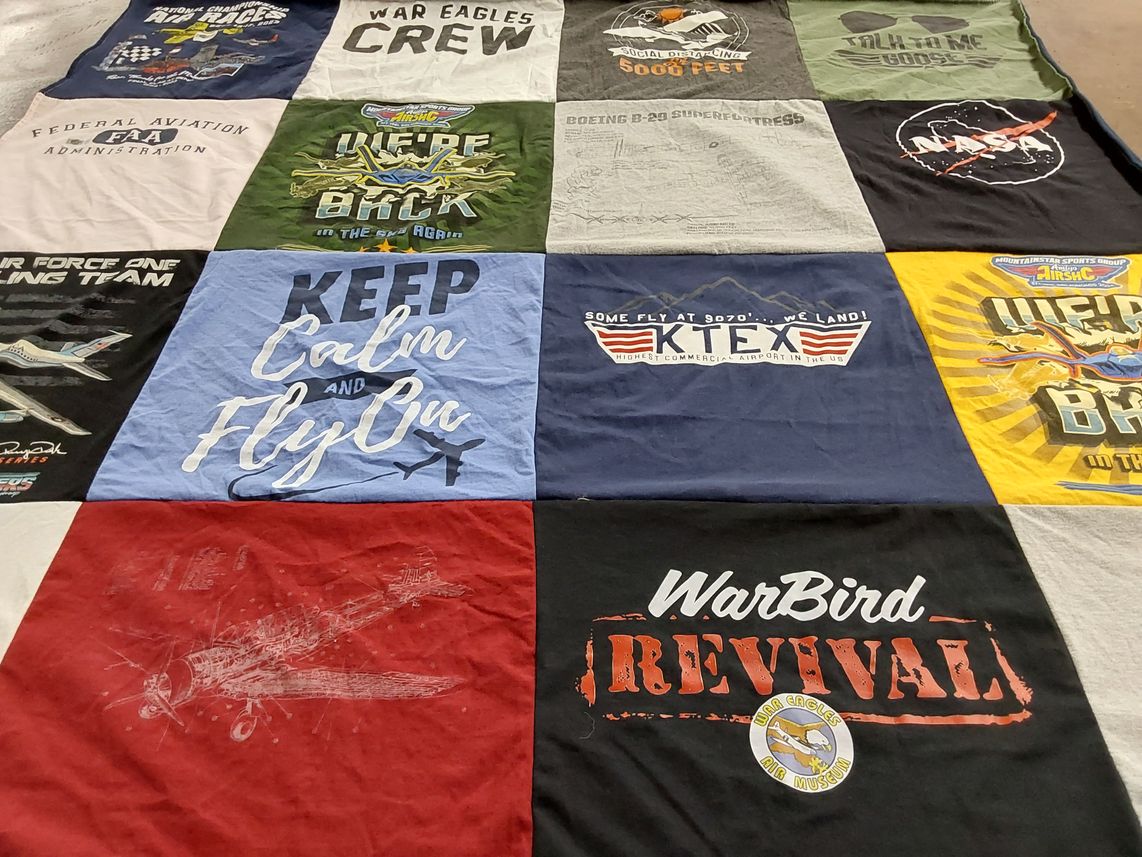 T-shirt quilt with aviation, flying themes by Vanessa from TX