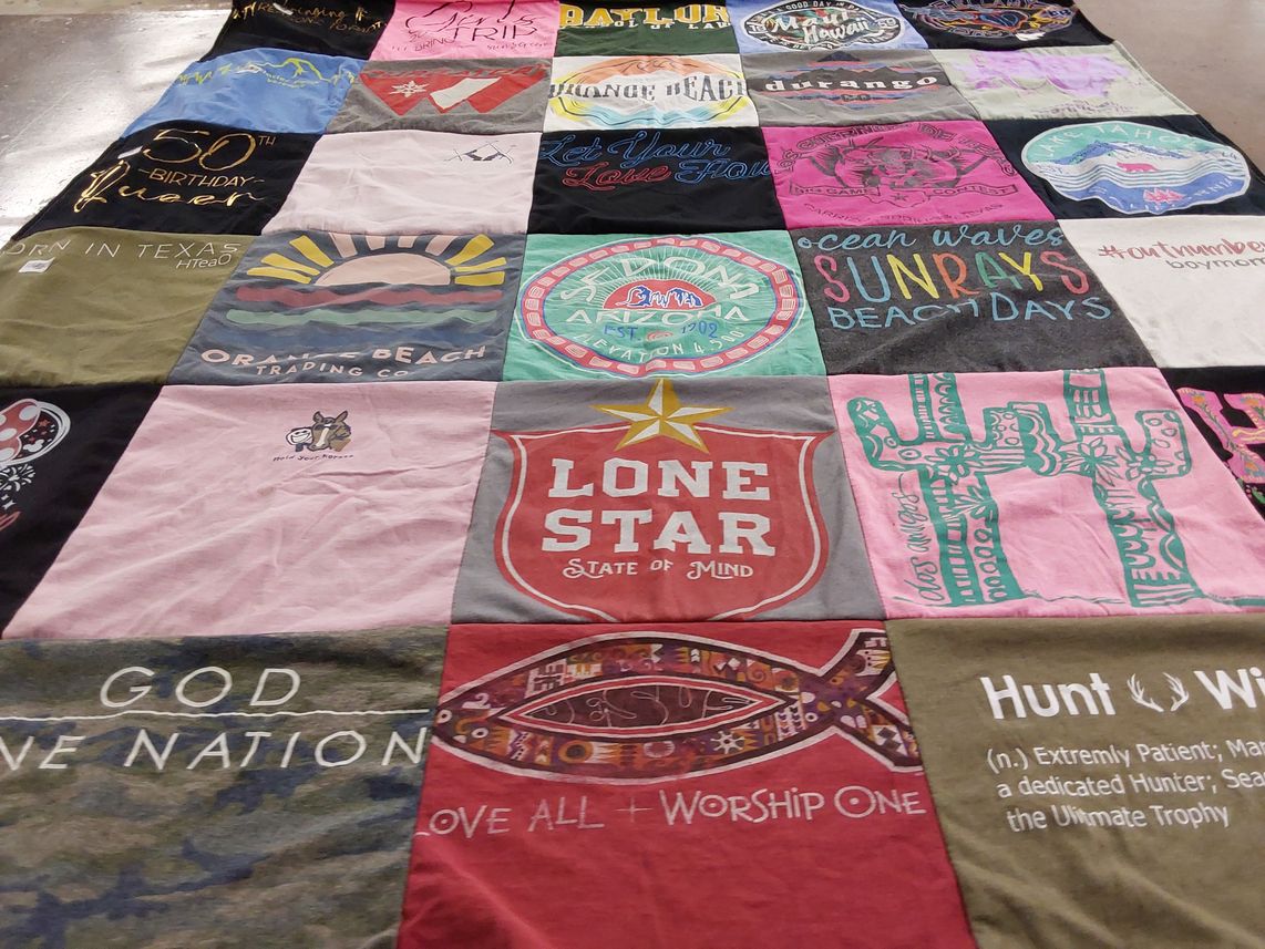 T-shirt quilt with hunting, beach activities themes by JOY from TX