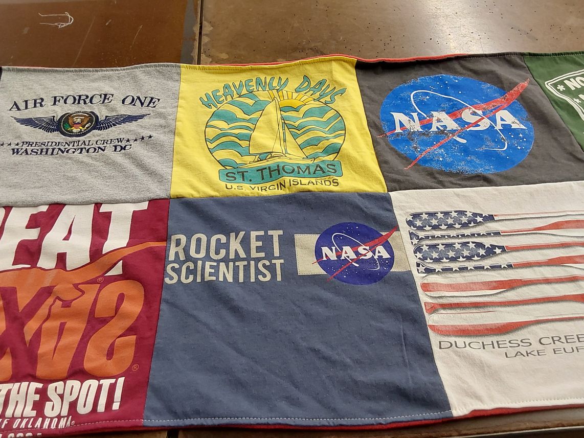 T-shirt quilt with space, science themes by Mary from OK