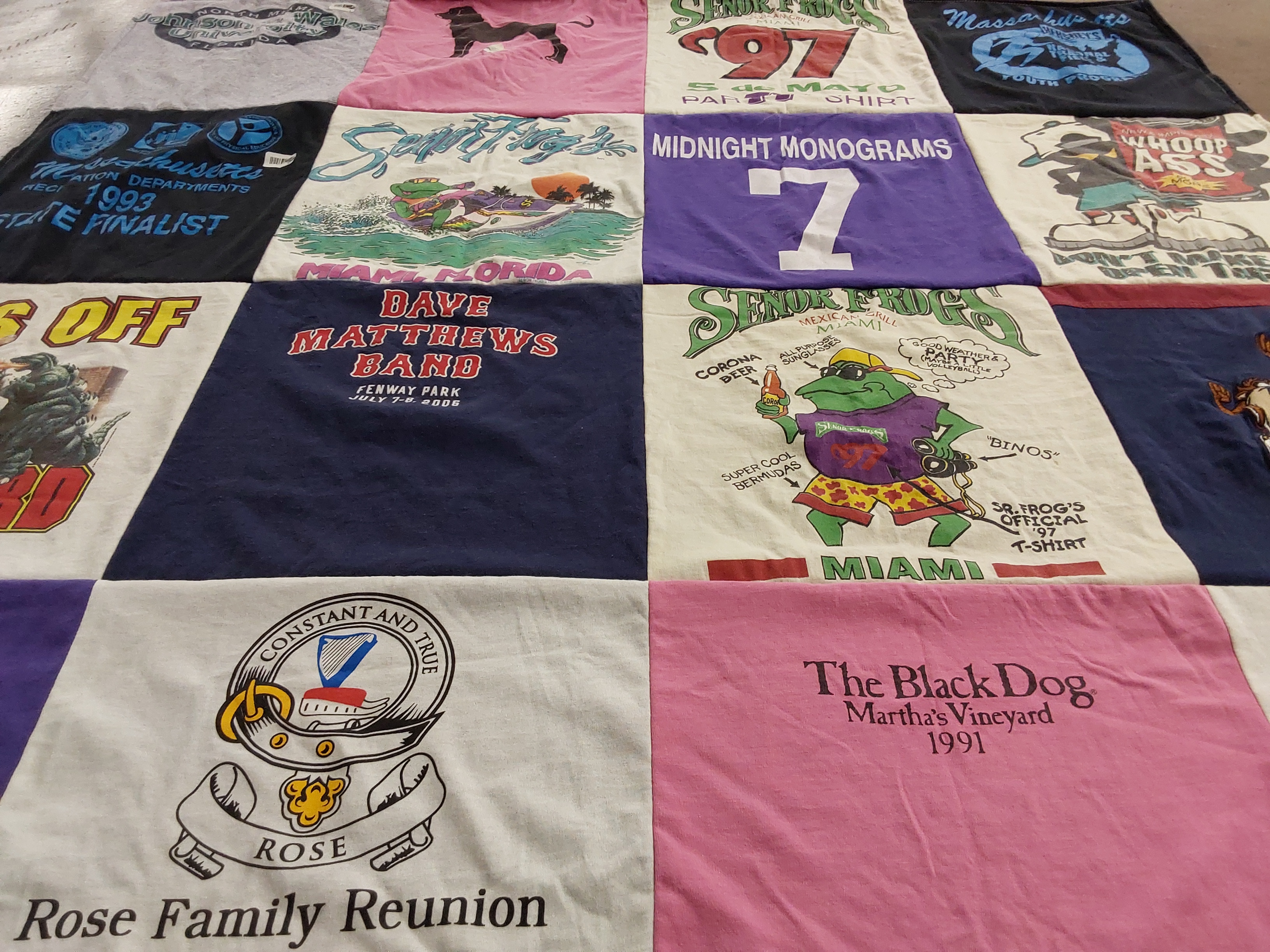 T-shirt quilt with music, family gatherings themes by Margaret from MA