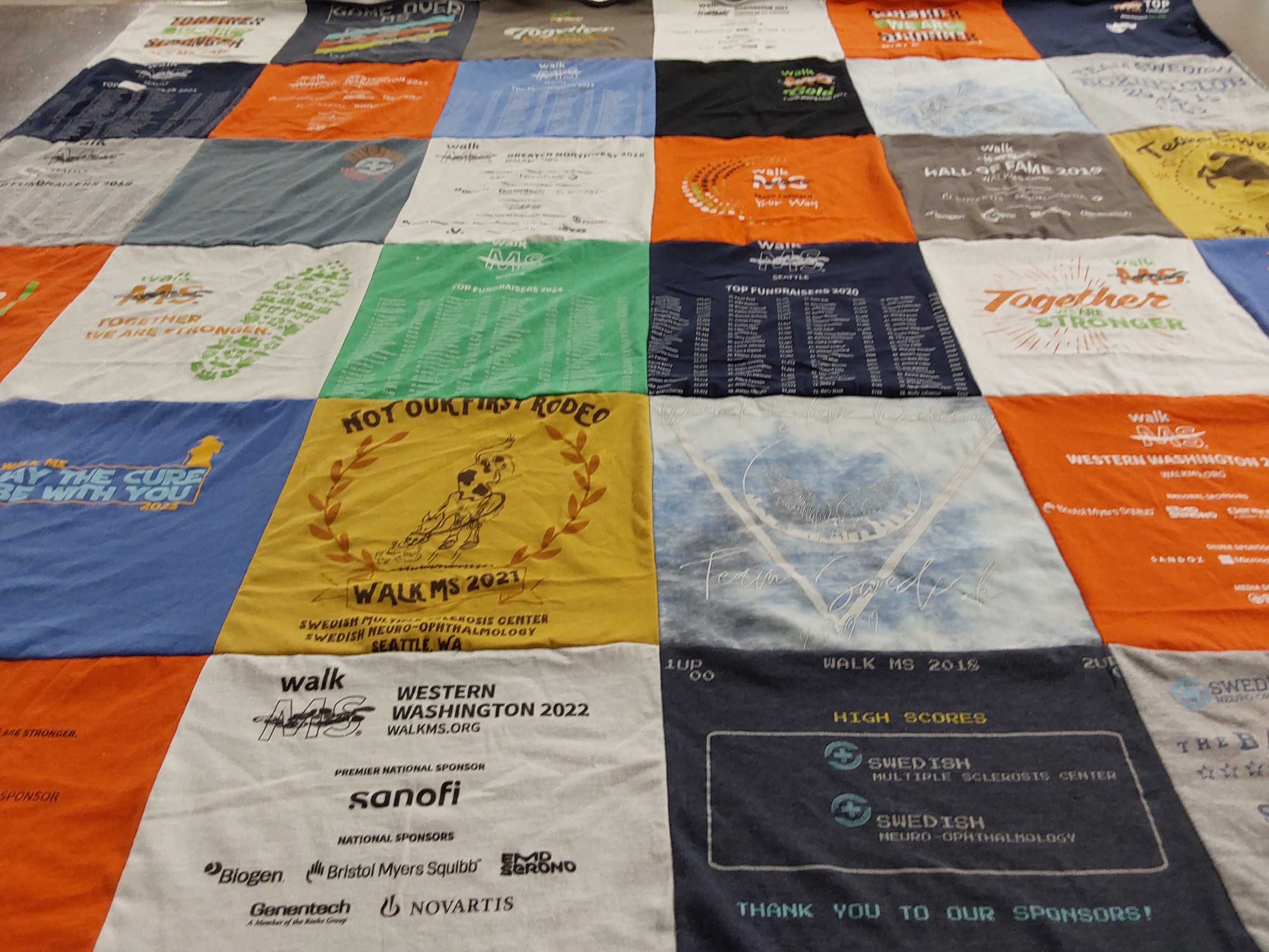 T-shirt quilt with multiple sclerosis, charity walks themes by Harriet from CT